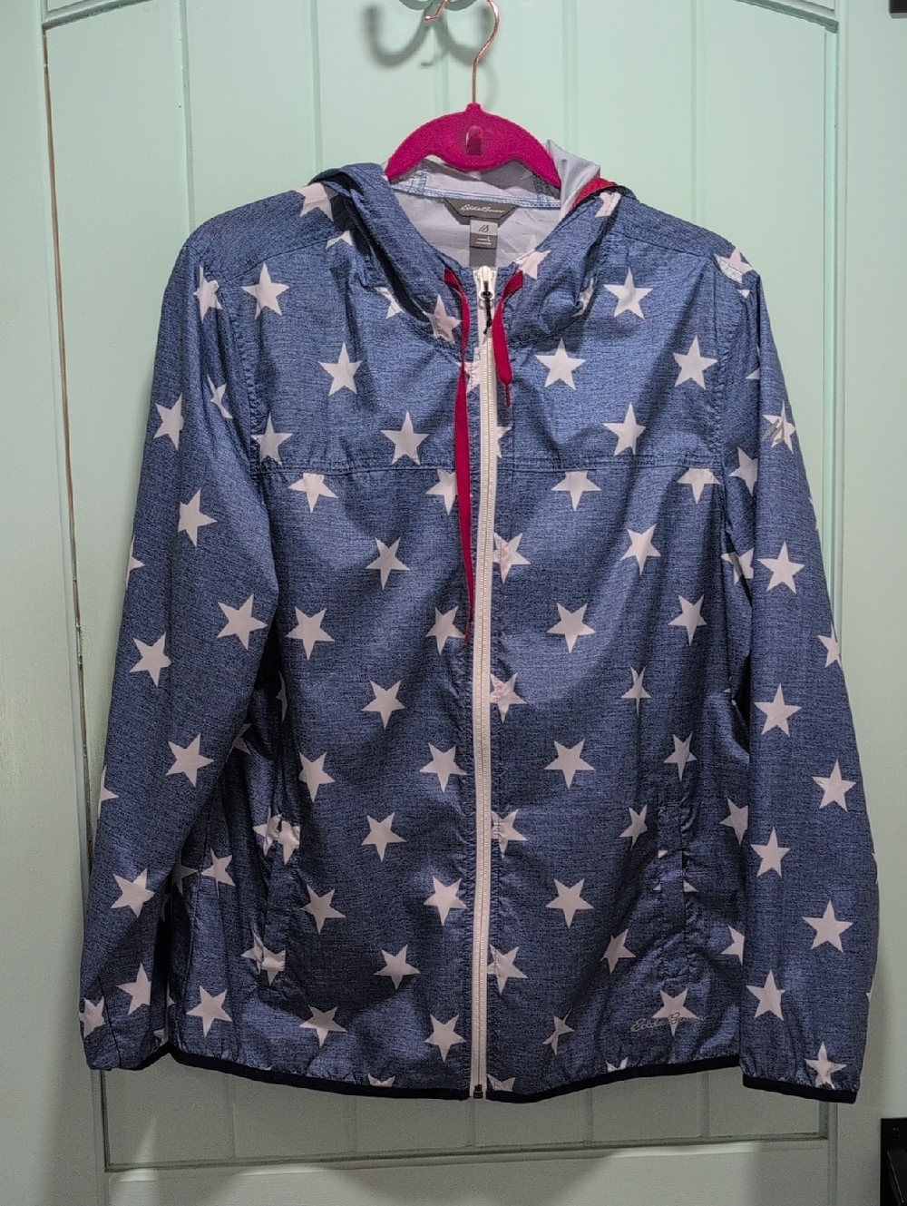 Eddie Bauer Women's Star-Print Blue Hooded Rain Jacket Patriotic America